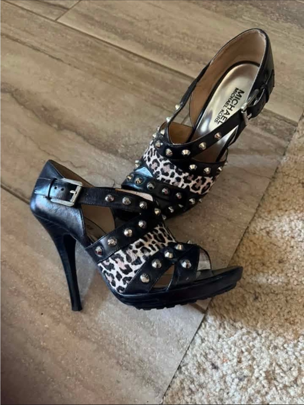 MICHAEL Michael Kors Black Leopard Print Studded High Heel Sandals
